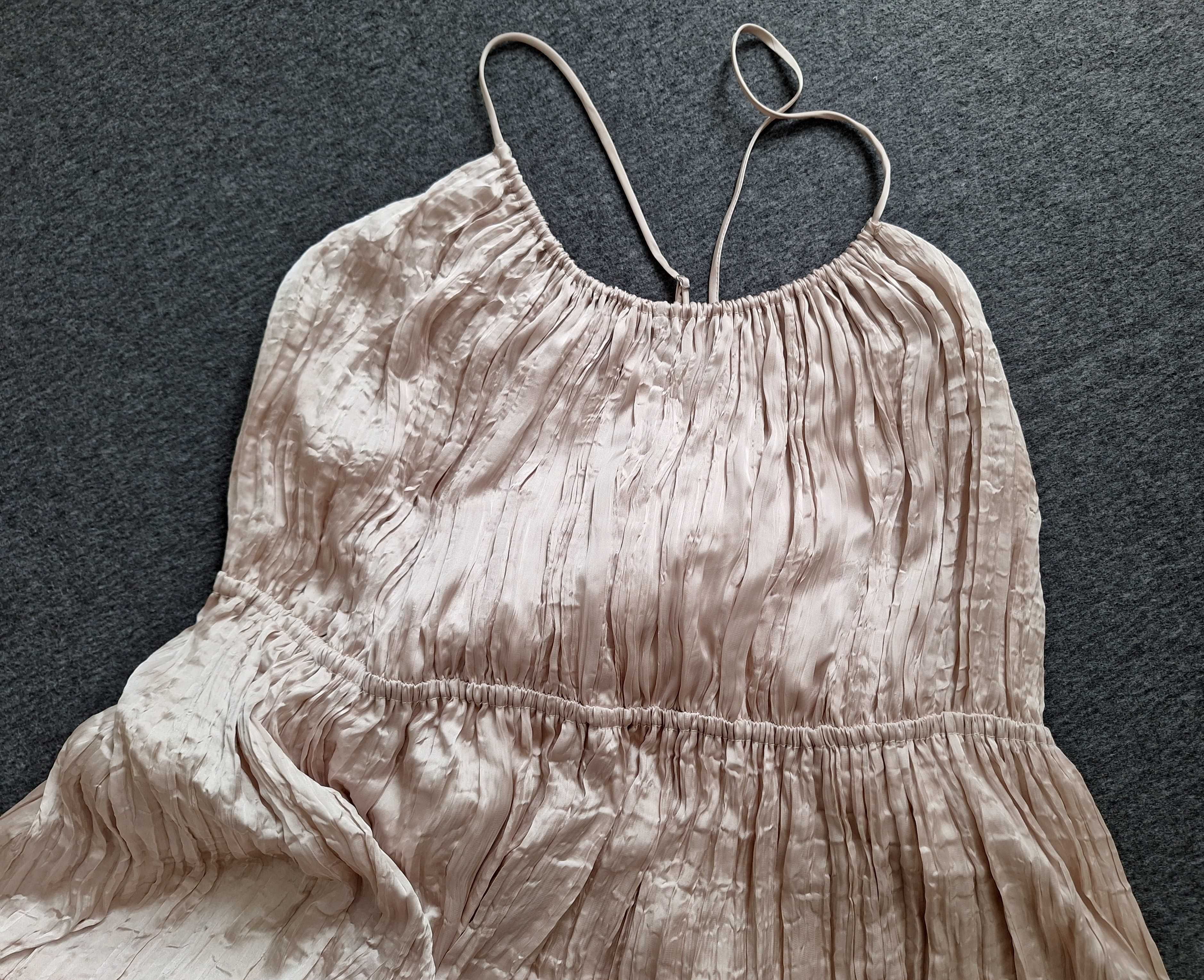 Nowa Długa Sukienka Odkryte Plecy H&M Beżowo Złota