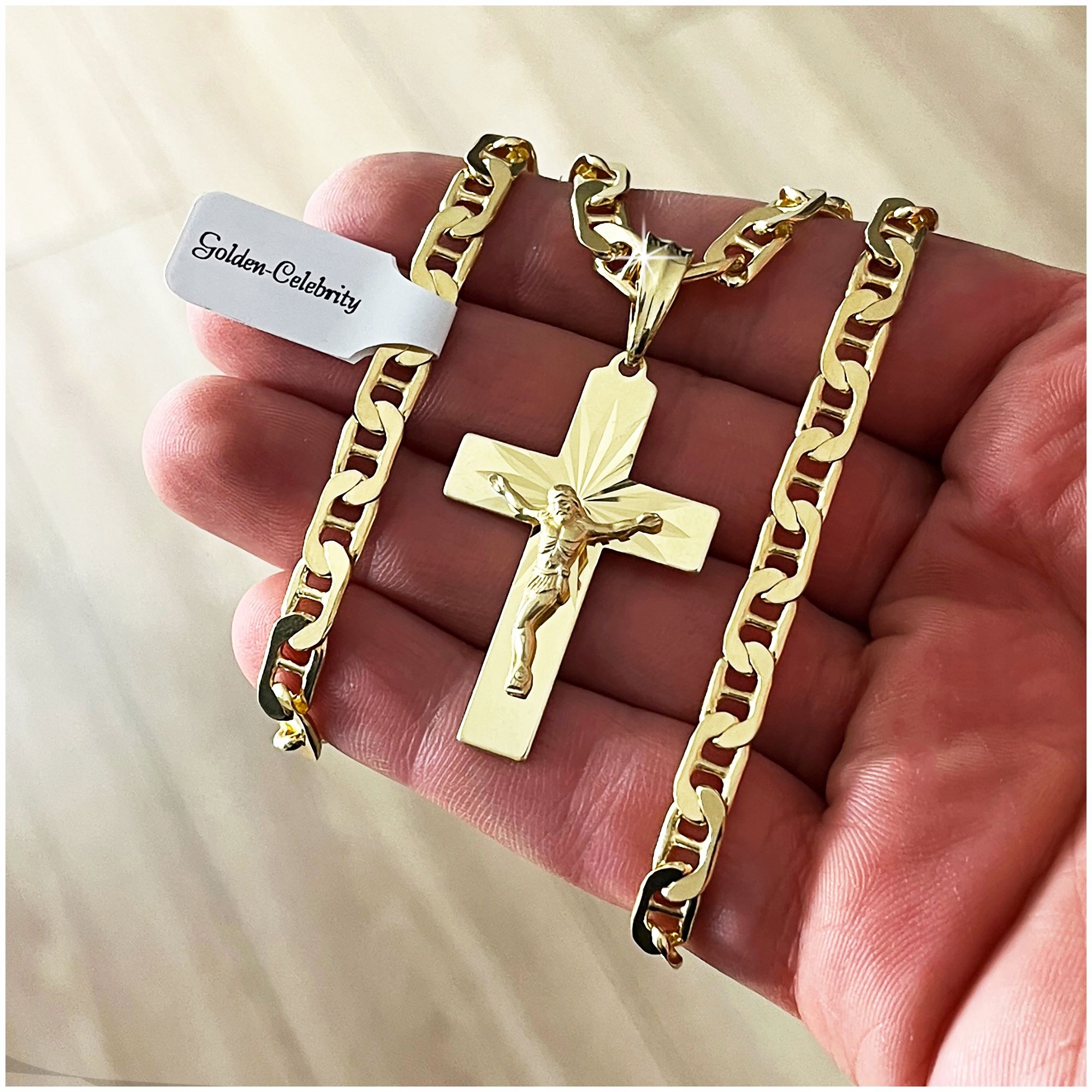Złoty Męski Łańcuszek Gucci + Krzyż Srebrny 925 Na Prezent / Grawer Gr