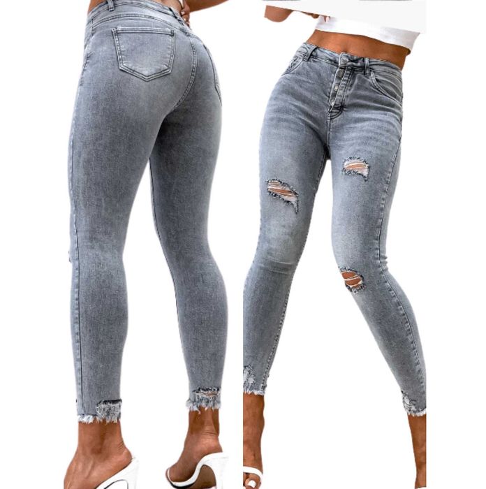 Damskie spodnie jeans szare rurki Skinny z guzikami S