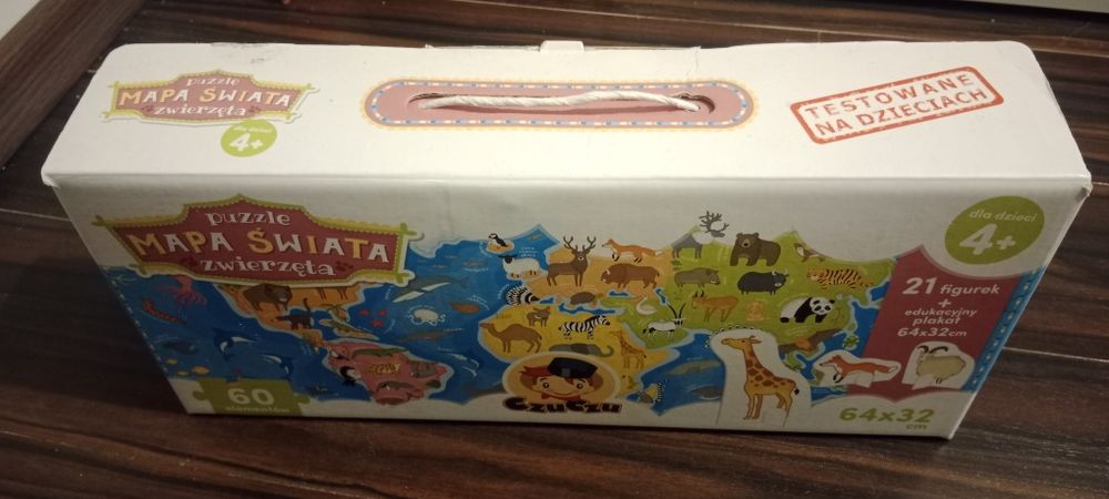 Mapa świata, puzzle układanka - zwierzęta. Wiek  4+