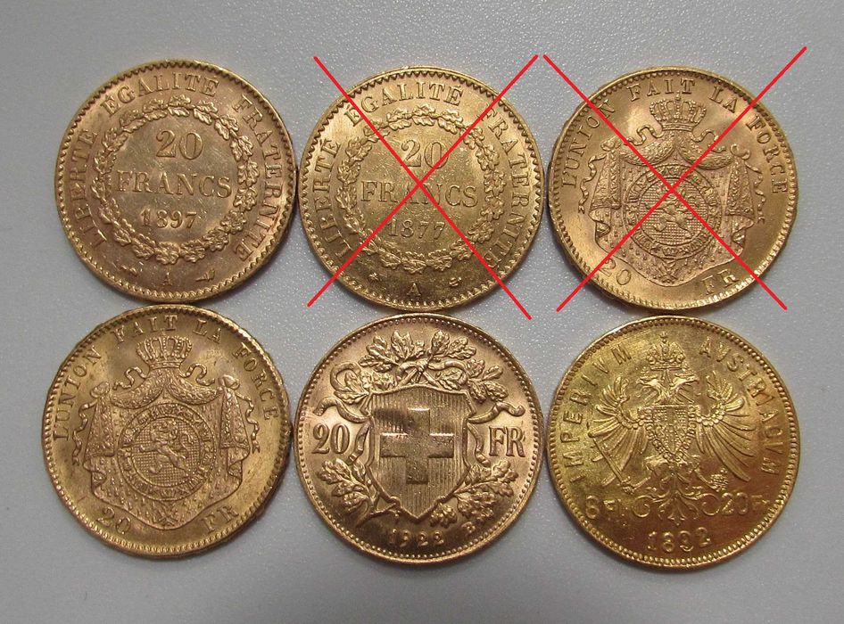 Продам Золоті Монети Світу, 20 Франків 1875, 1892, 1897, 1922