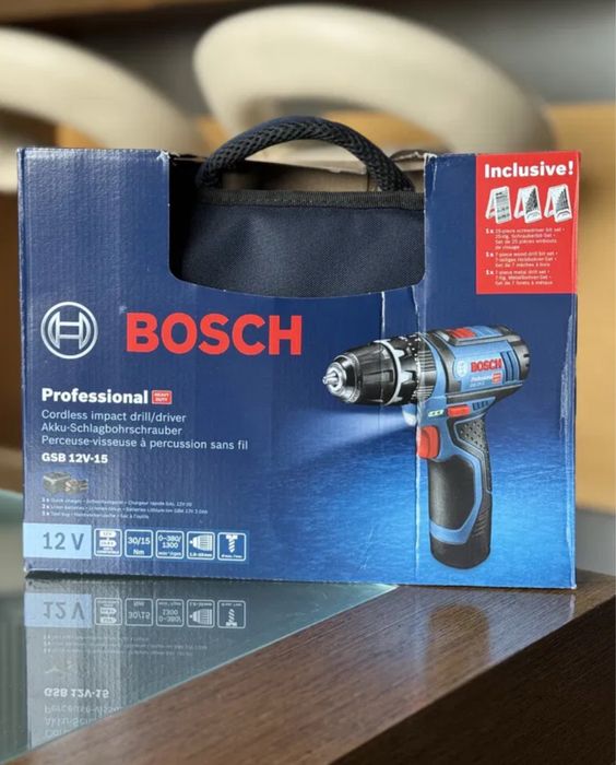 Bosch GSB12v-15 2 aku, ładowarka, wiertła, bity - nowy