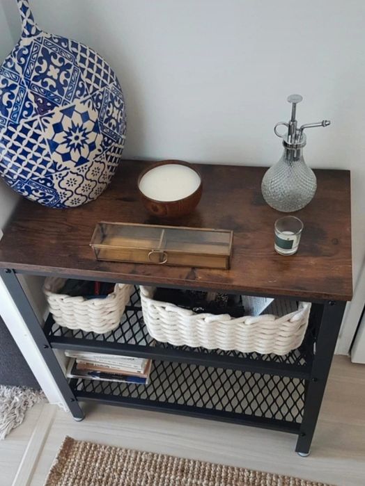 Konsola Wąska Rustykalny Brąz Stolik Boczny Półki Ażurowe Loft