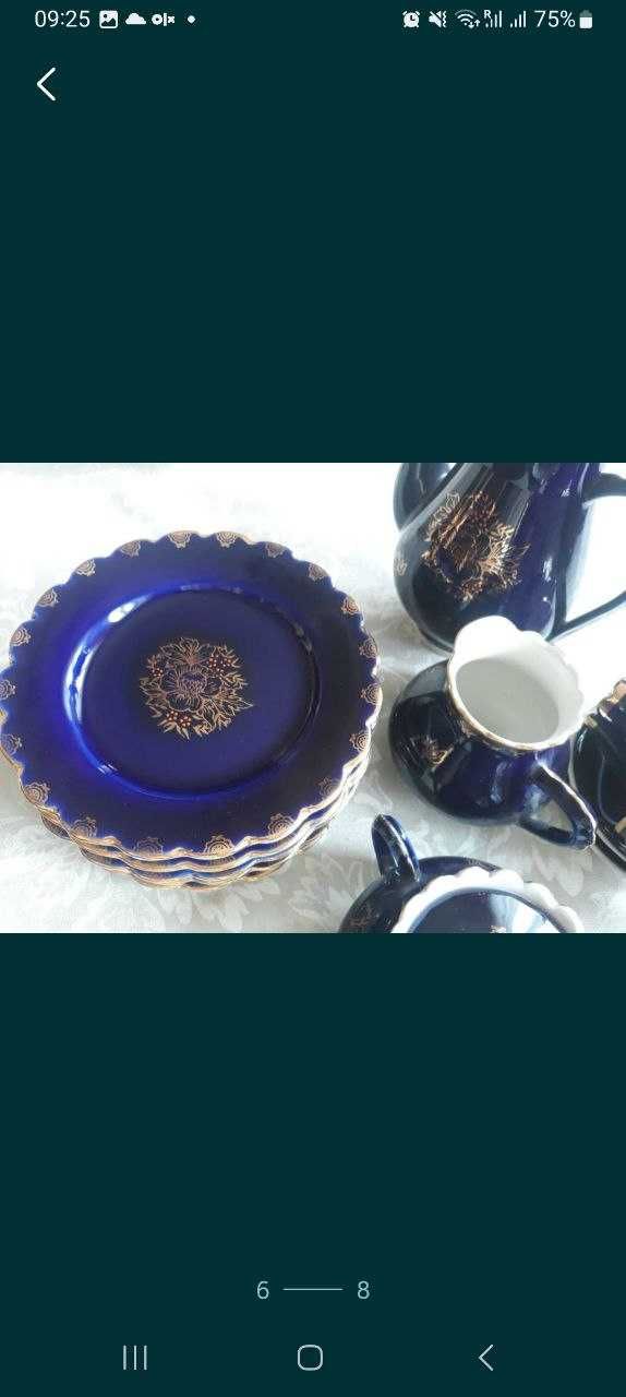 Розкішний кава фарфор сервіз на 6 п-н. Синій кобальт з позолотою