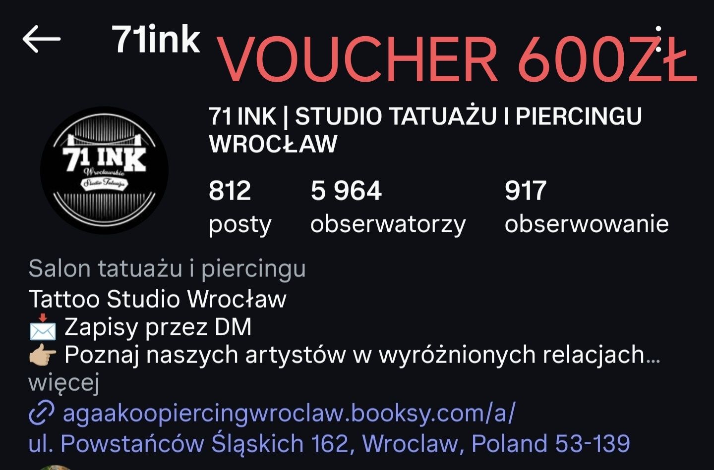 Voucher na tatuaż, wartość 600zł, 71ink studio Wrocław