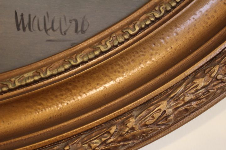 Quadro Oval Óleo sobre Pratex Paisagem Rio assinado 80 x 65 cm