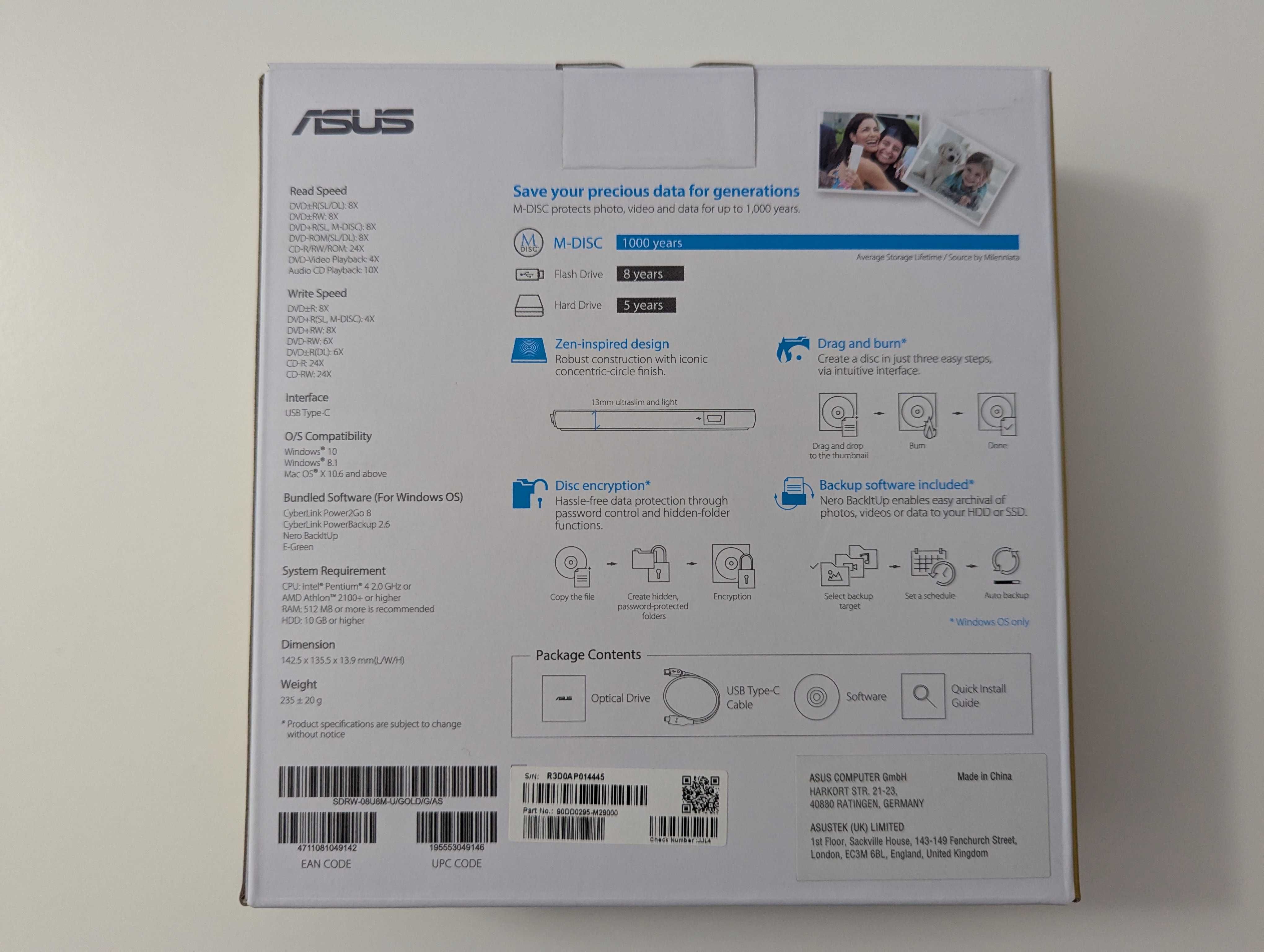Nagrywarka Zewnętrzna ASUS ZenDrive U8M Złoty kabel USB-C Nowa Gwaranc