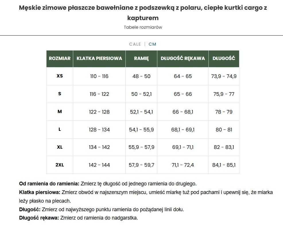 Męska kurtka zimowa z podszewką z polaru, kurtka cargo rozmiar M