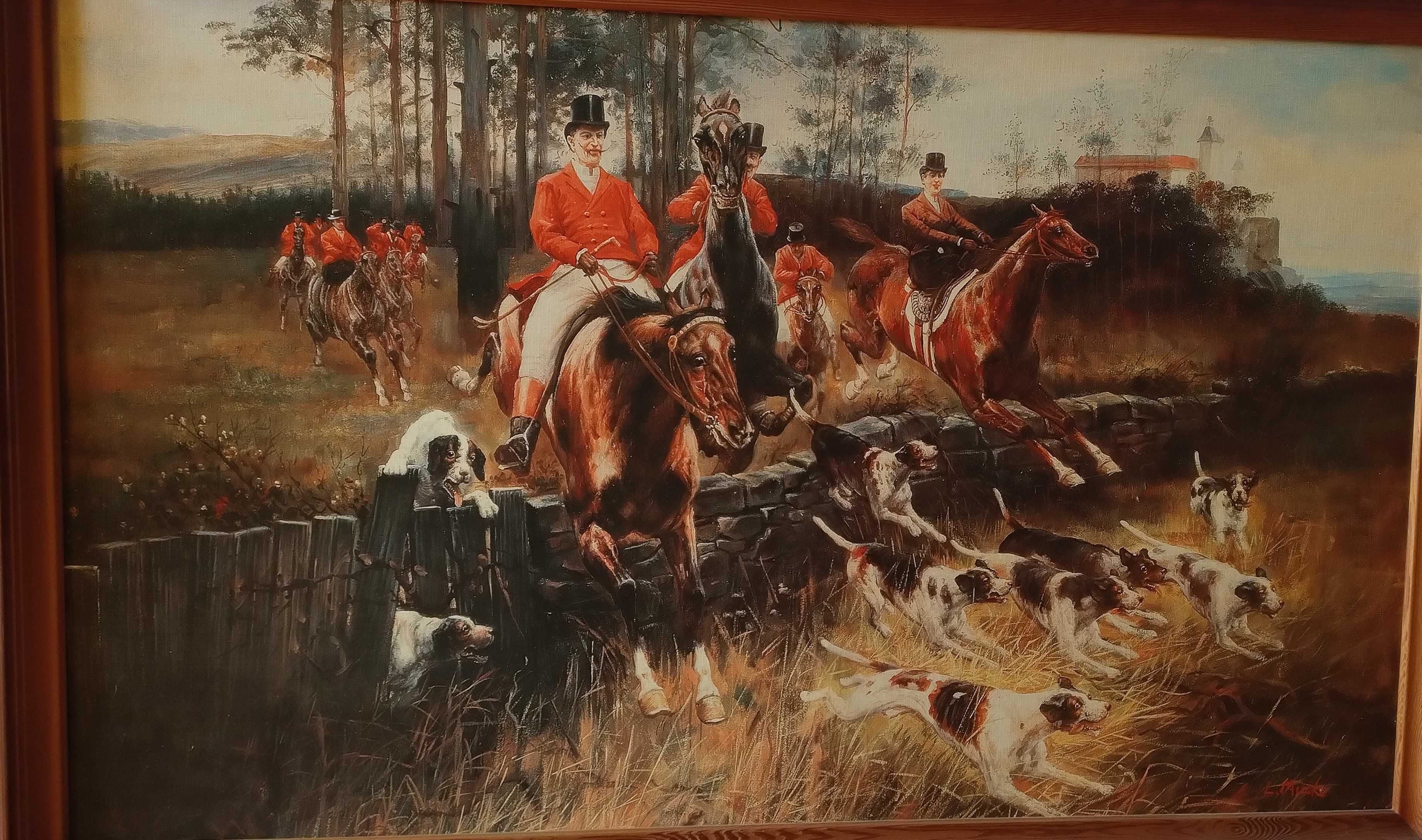 Obraz w ramie L. Mucke Polowanie konie psy motyw myśliwski łowiectwo