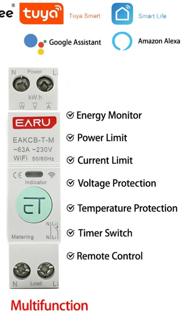 WiFi реле Tuya Earu EAKCB-T-M, 1-63А, на din рейку з енергомоніторинго