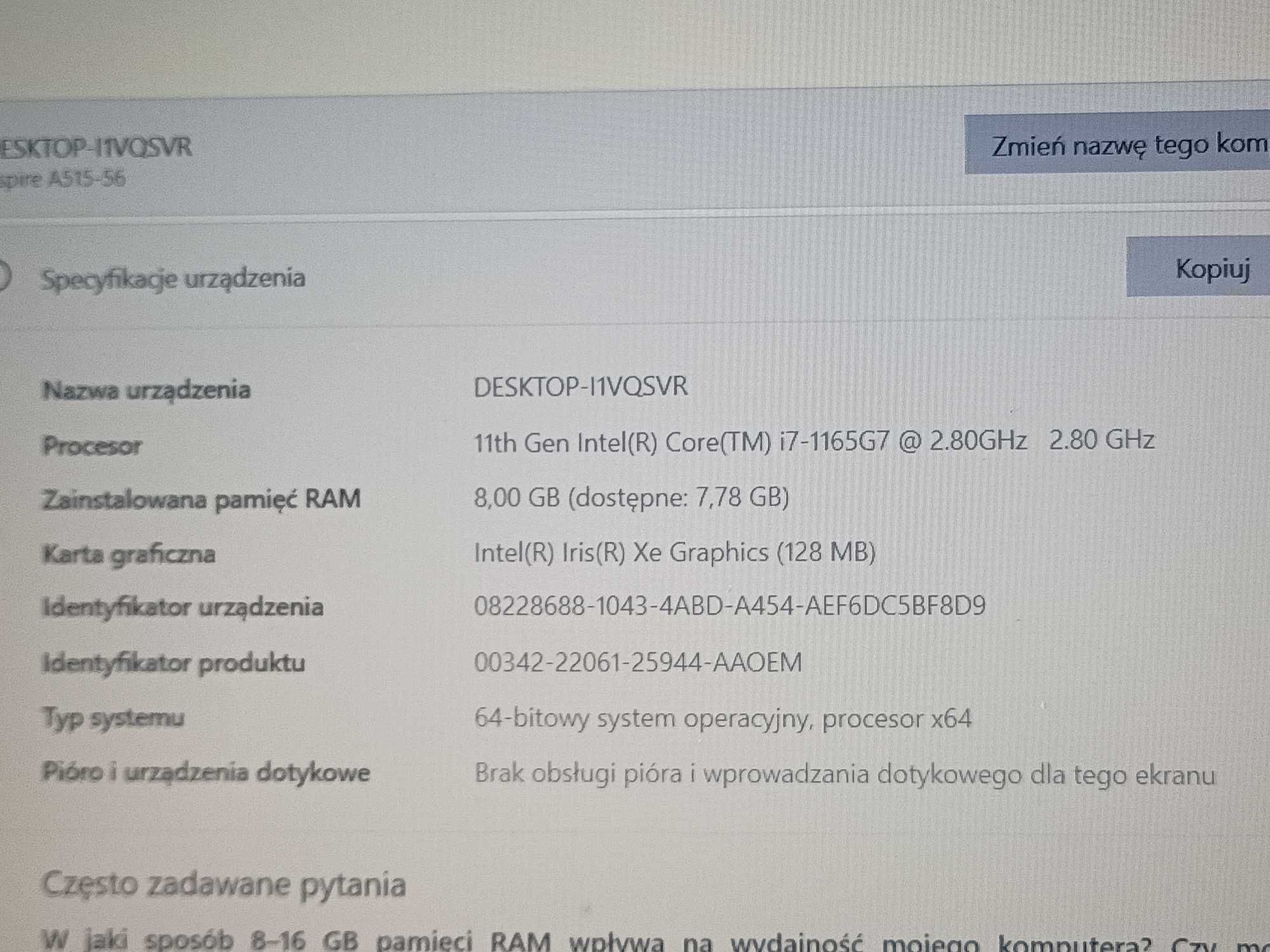 Acer Aspire 5 - i7-1165G7, intel Iris Xe, 8Gb DDR4, 256Gb NVMe