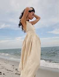 Сарафан сукня лляний нюд бежевий відкрита спина плечі міді максі