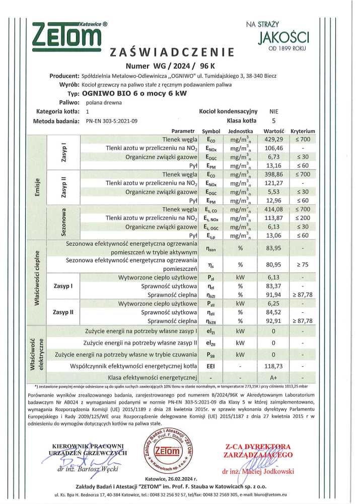 Kocioł na drewno OGNIWO BIO 6 kW - zasypowy / tradycyjny - EKO