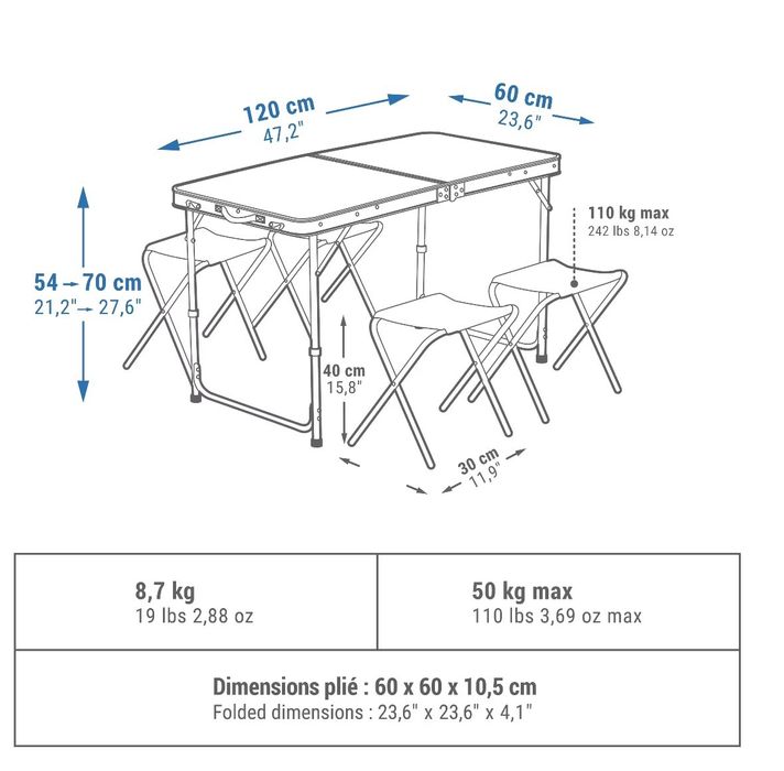 Mesa de campismo dobrável com 4 Bancos