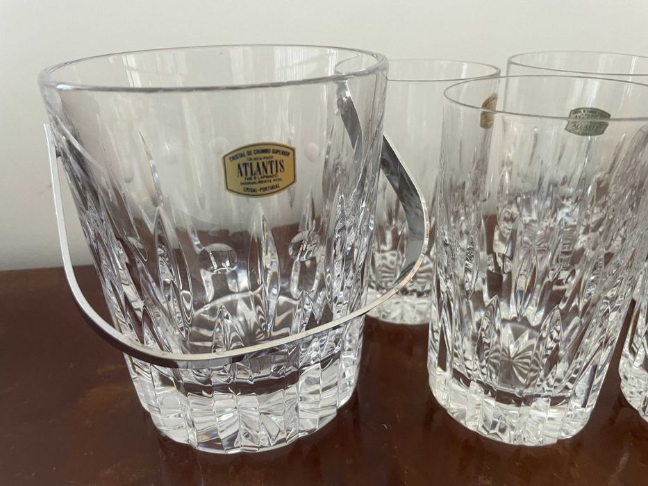 Cristal Atlantis: 4 Whiskey, 4 altos; recipiente para gelo, novos