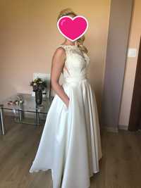 Suknia ślubna rozmiar 38 mikado śmietankowa kieszenie