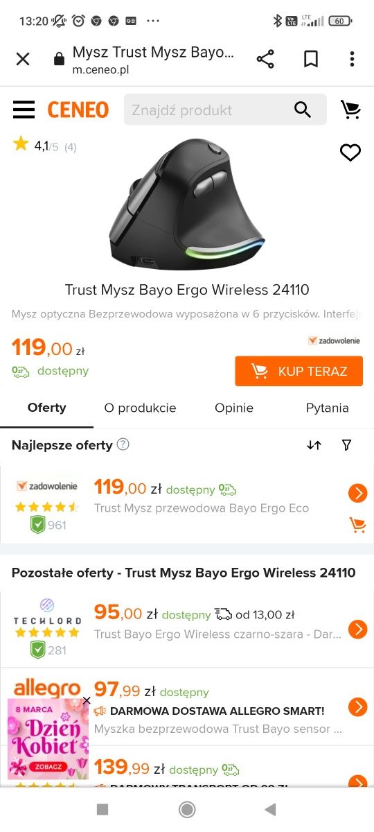 Myszka bayo trust bezprzewodowa ergonomiczna