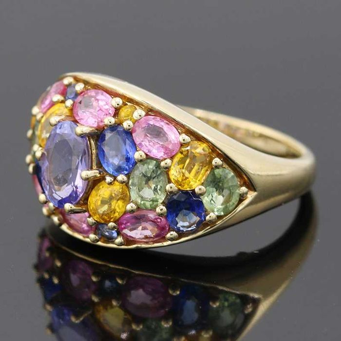 Złoty pierścionek z tanzanitem i kolorowymi szafirami kolorowy 9K