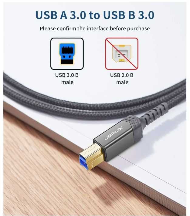 Kabel USB B na USB A JSAUX 2m w oplocie kolor szary