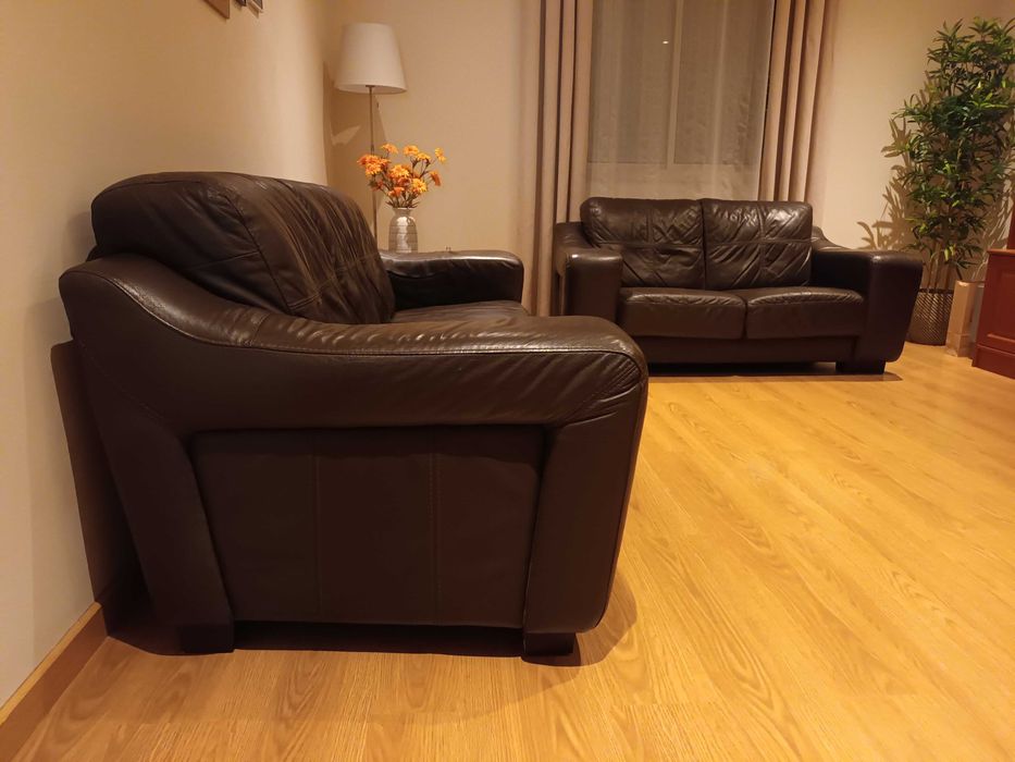 Conjunto Sofás de Pele Castanho Chocolate