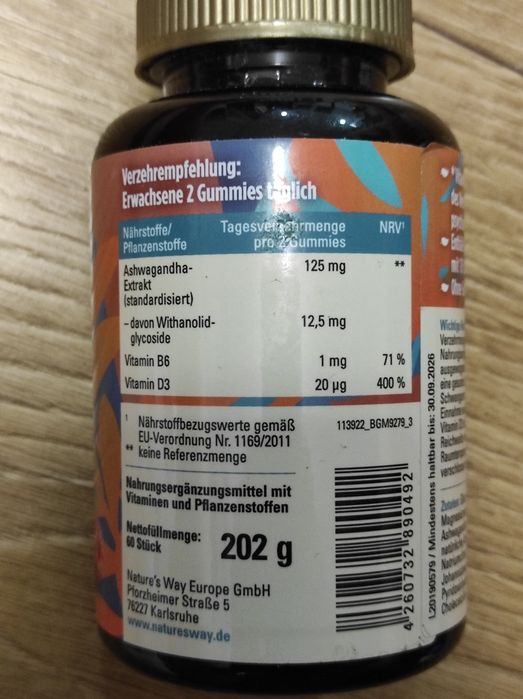 Ashwagandha z witaminą B6 i D3 w żelkach.