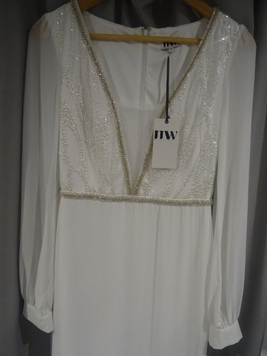 nowa prosta suknia ślubna z długim rękawem rybka syrenka 38 ivory