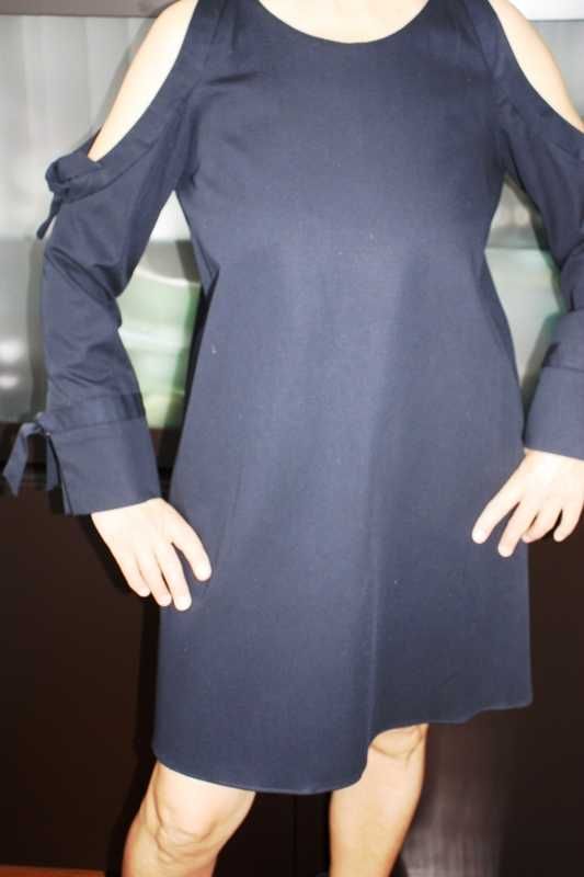 Vestido azul escuro algodão riscado elastano tipo gorgurão ZARA T. M