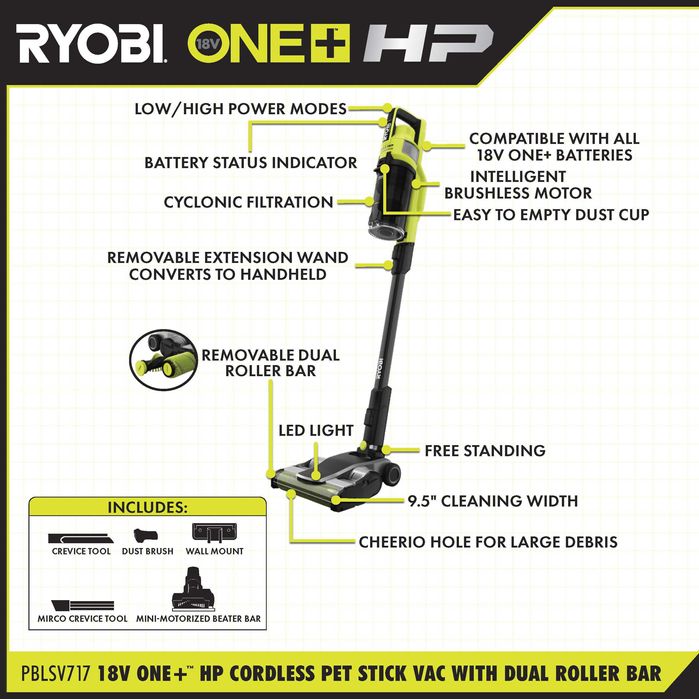 Безщітковий акумуляторний пилосос Ryobi One+ HP 18V PBLSV716 новий США