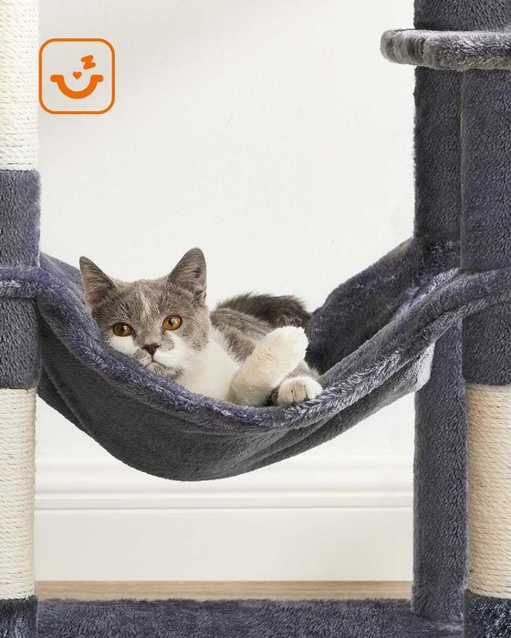 DUŻY Solidny Drapak dla kota XXL wielopoziomowy hamak jaskinia szary 4