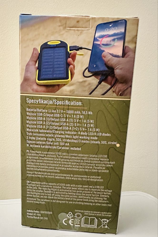 Powerbank solarny z latarką 5000 mah panel solarny