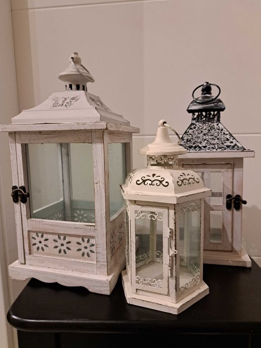 3 białe lampiony latarenki drewno/metal/szkło farmhouse scandi rustic