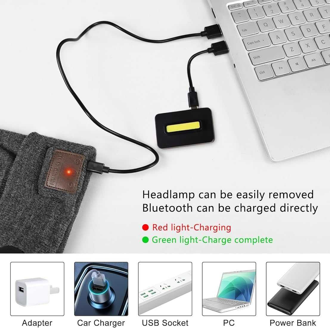 Gorro fones de ouvido Bluetooth V5 USB recarregável lavável c luz LED