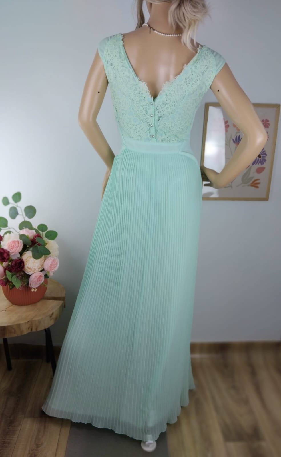 Długa sukienka plisowana koktajlowa elegancka koronkowa maxi suknia 36