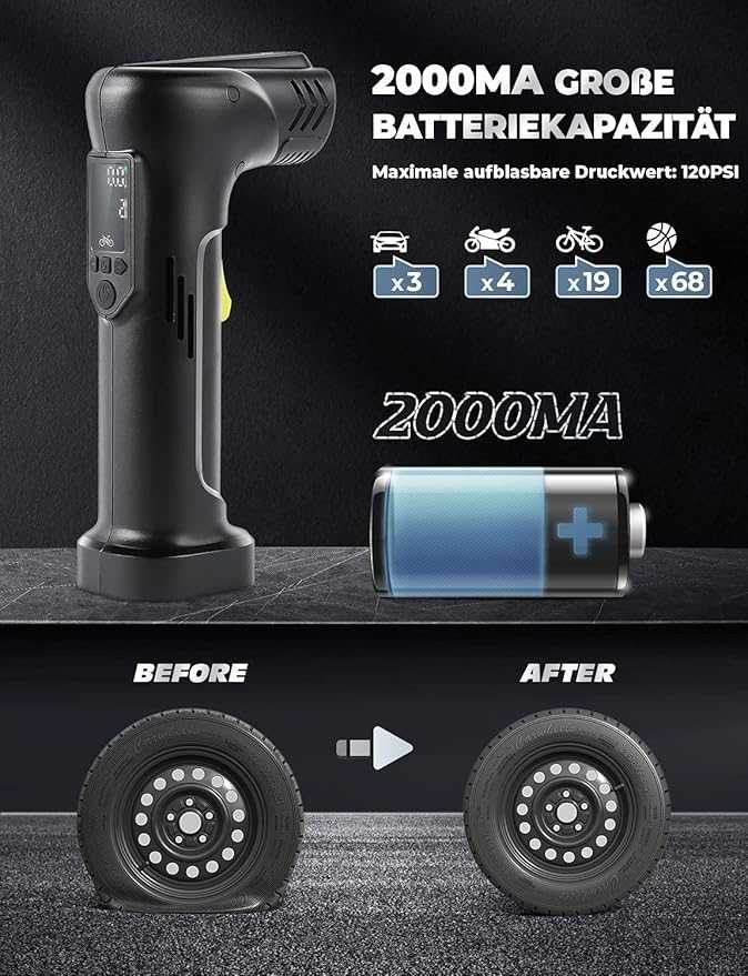 Pompa Powietrza Kompresor AC/DC z Akumulatorem 2000 mAh 12 V 120 PSI