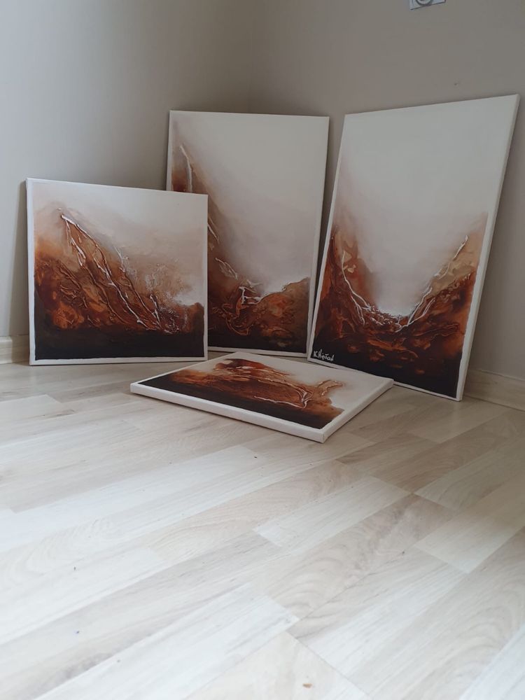 Zestaw 4 obrazow 3D, 40x40 i 40x60 abstrakcja biel