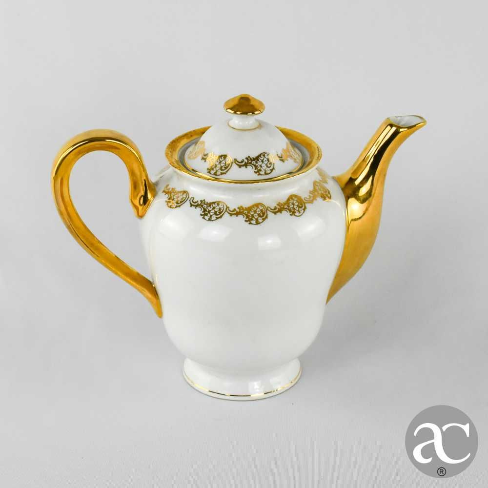 Conjunto Bule açucareiro e leiteira porcelana Artibus decoração a ouro