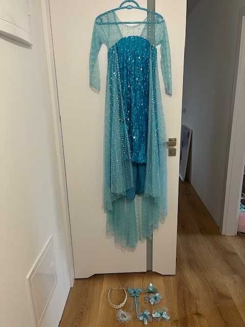 ELSA FROZEN strój, sukienka z trenem i akcesoria,