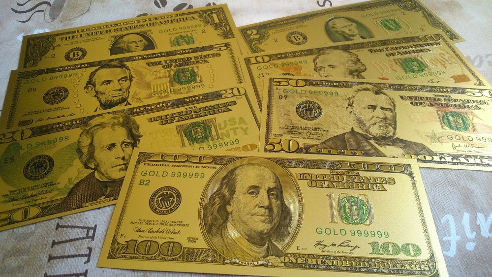 Dolary - 7 złoconych banknotów w kolorze. Piękne!