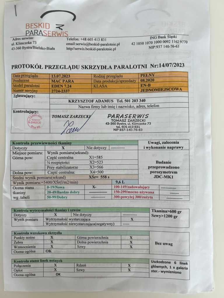 Paralotnia Eden 7 firmy Mac Para w super stanie (70-90 kg) EN-B