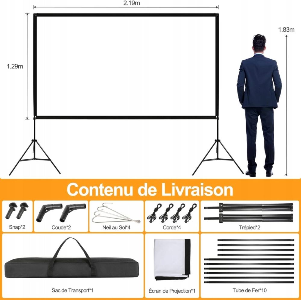 VISULAPEX 100-calowy ekran projektora, składany ekran 4K HD 16:9 torba