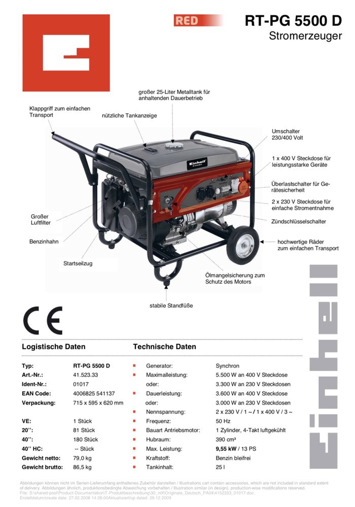 Генератор Einhell RT-PG 5500 D. Бензиновый. 5,5 кВт