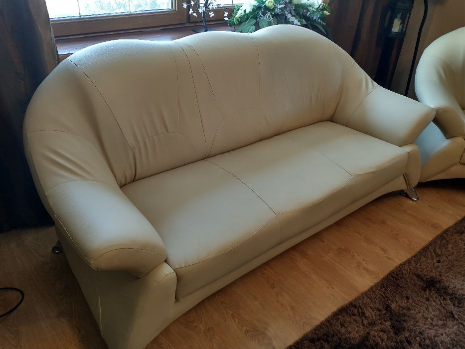 Sofa + Fotel stan IDEALNY - skóra ekologiczna kolor - ecru
