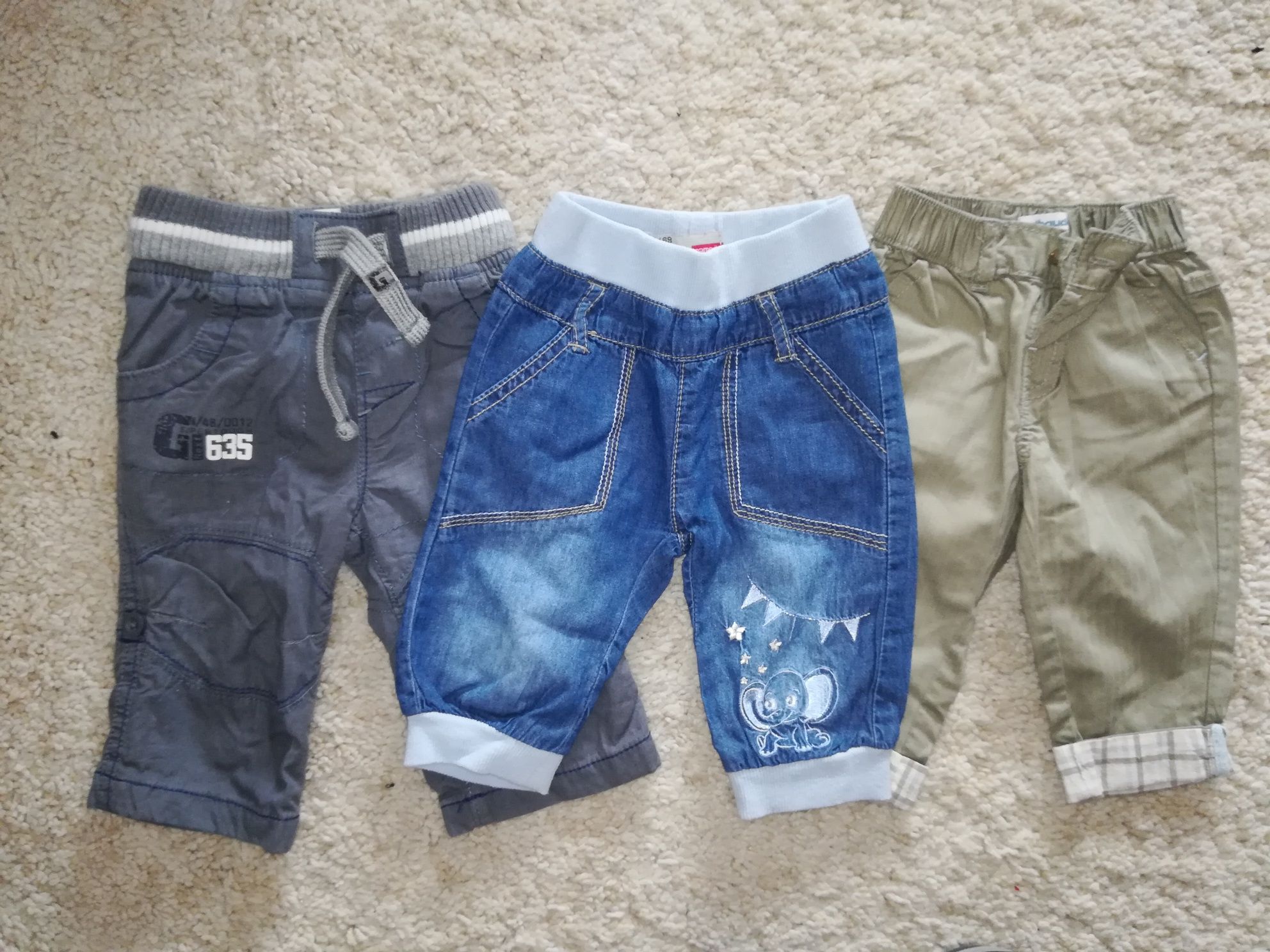 Zestaw 3 pary spodni niemowlęcych jeansy,  ocieplane rozm 68-74cm 3-6m