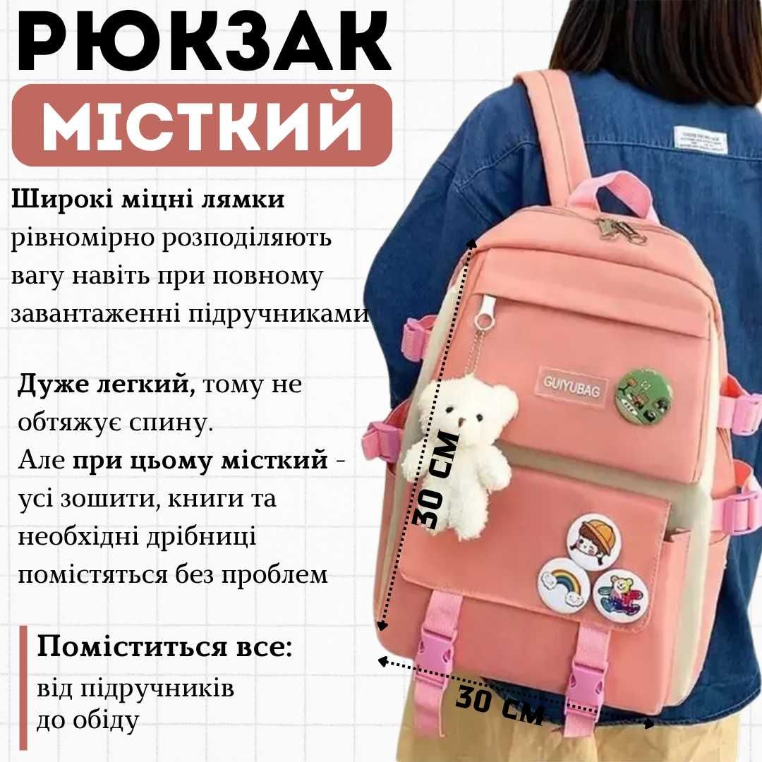 Шкільний набір 4в1 для дівчинки: рюкзак, сумка, клатч і пенал Рожевий
