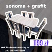 Od ręki: Stół rozkładany + 6 krzeseł, sonoma + grafit, NOWE, dostawaPL