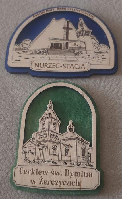 2szt. Magnes drewniany na lodówkę Żerczyce, Nurzec Stacja,  Cerkiew.