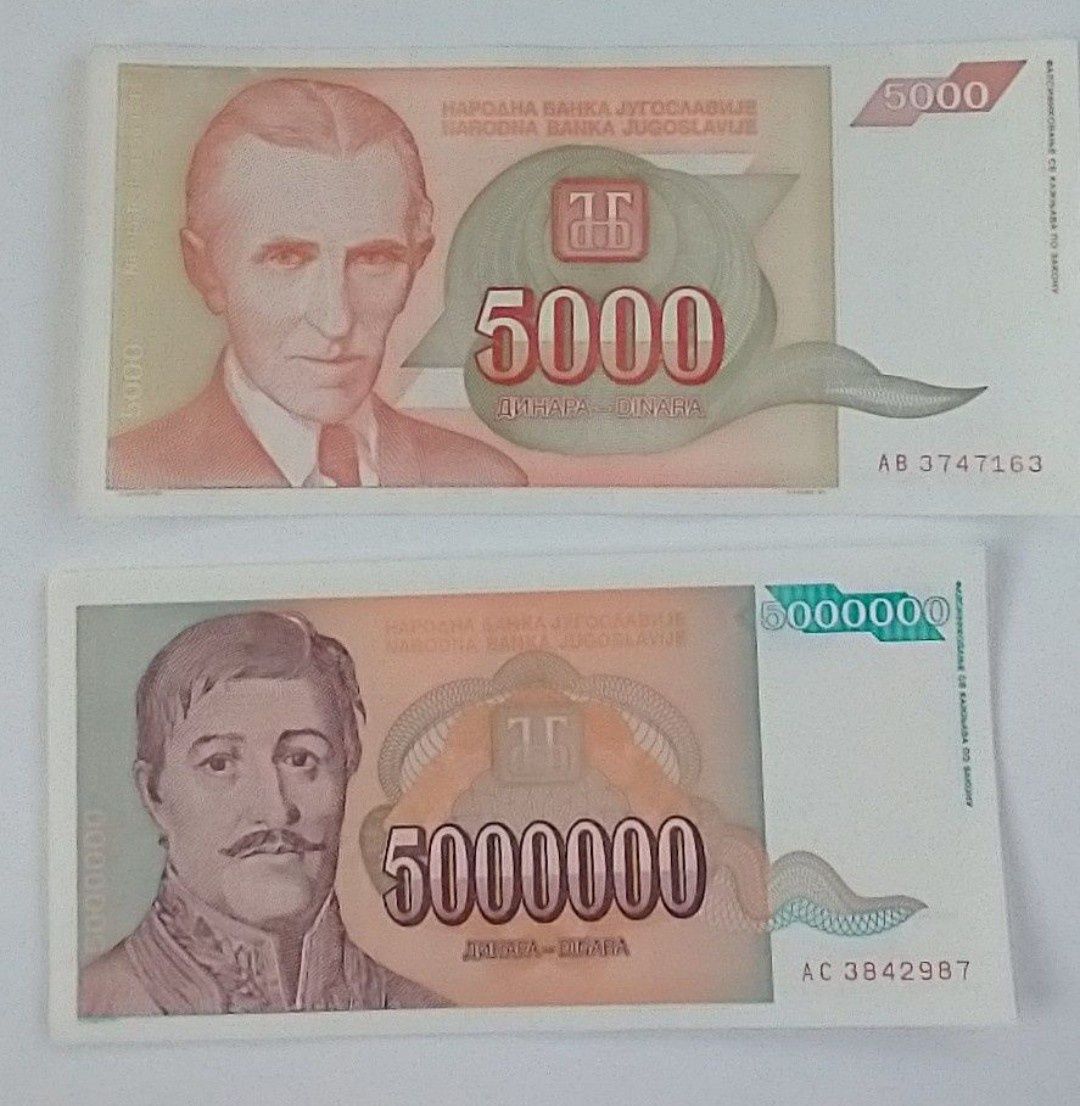 zestaw banknotów 5000-5mln dinarów  ,2 szt. , państwo Jugosławia