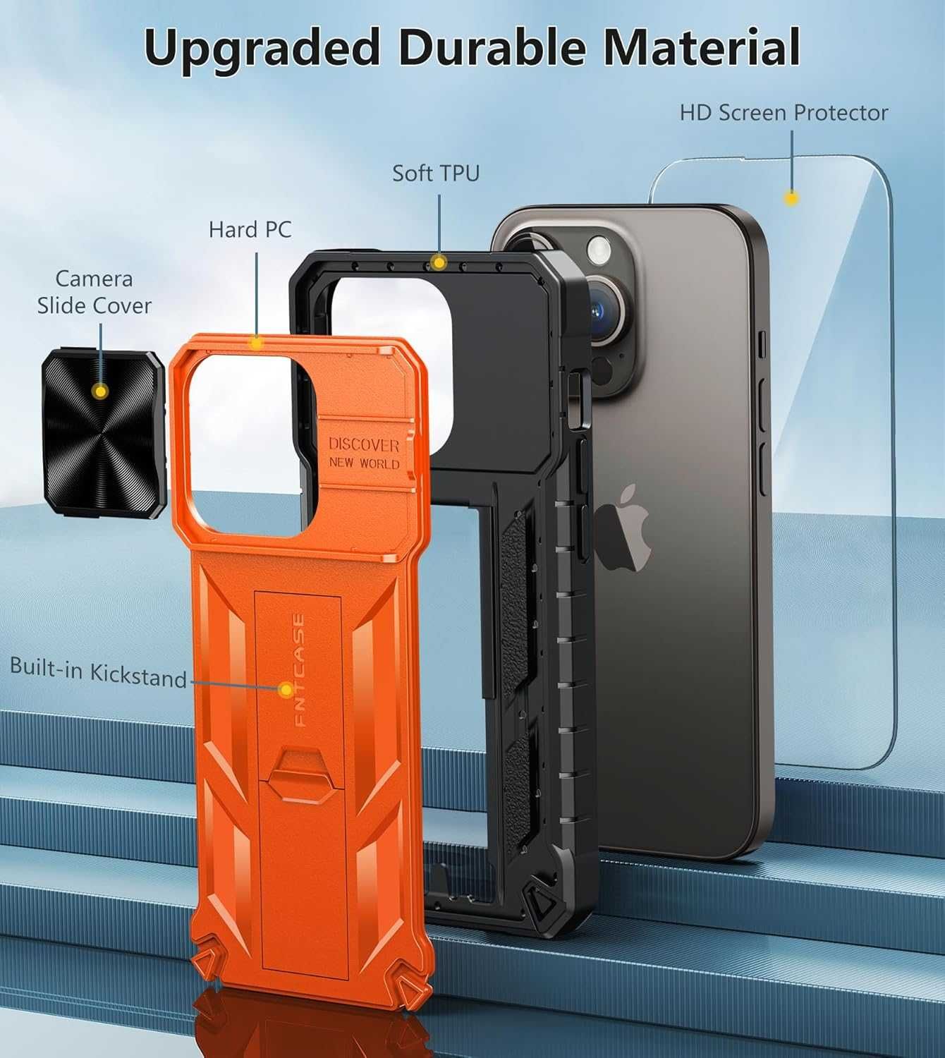 FNTCASE etui IPHONE 13 Pro 14 PRO osłona aparatu + szkło pomarańczowe