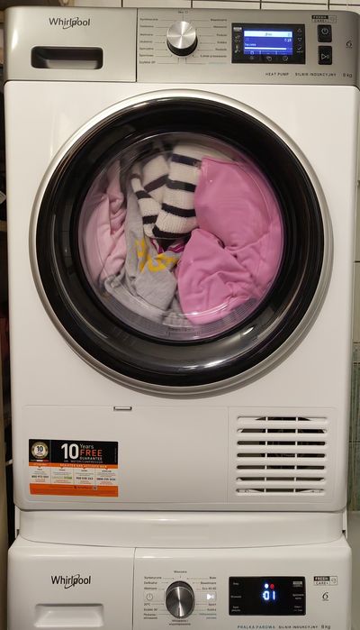 Zestaw Whirlpool pralka parowa + suszarka z pompą c.+ łącznik z półką
