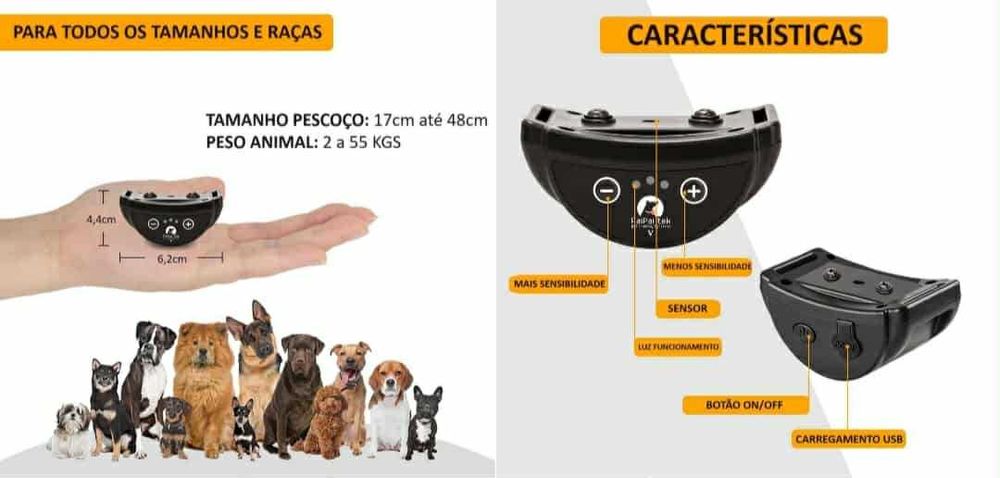 Coleira Anti-Latido Automática Recarregável Som/Vibração/Choque - Novo